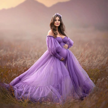 MQTIME  -  Purple Tulle Maternity Photoshoot Dress with Lining Empire Waist Prom Gown Women Long Sleeves Baby Shower Dresses Formal Wear